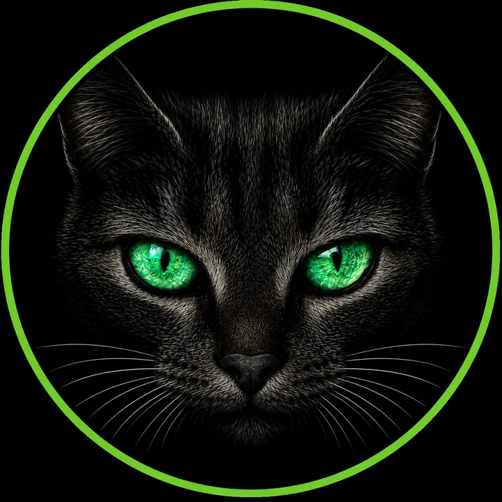 Black Guarden cat face with bright green eyes
