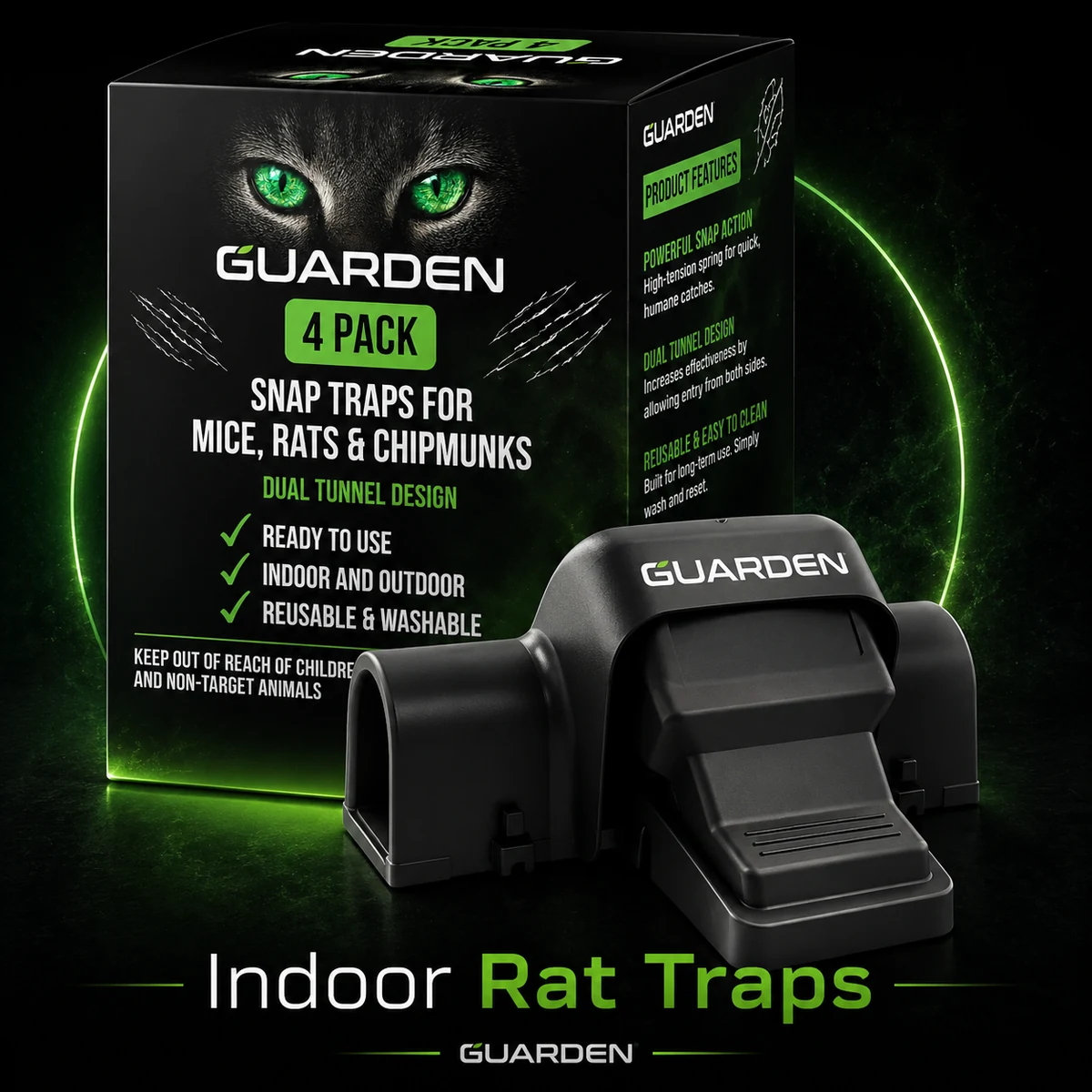 Guarden four-pack indoor tunnel traps with retail box in black and neon-green campaign artwork